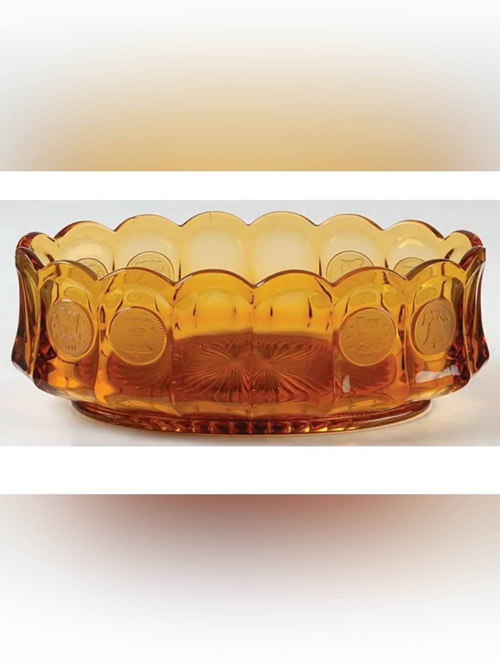 Vintage Glass Coin Amber Fostoria Bowl Oval Scalloped Candy Dish 9" X 5.5"